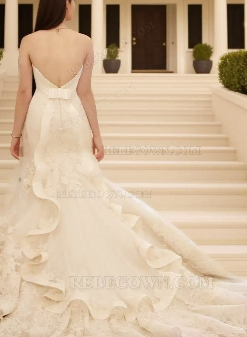 2027 Mermaid Wedding Dresses Sweetheart Bowknot Pleated Lace Bridal Gowns back view