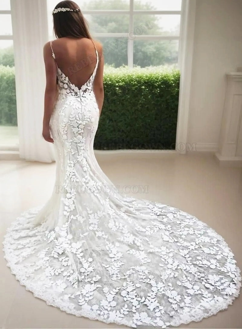 2027 Mermaid Wedding Dresses Sweetheart Spaghetti Straps Backless Lace Bridal Gowns front view