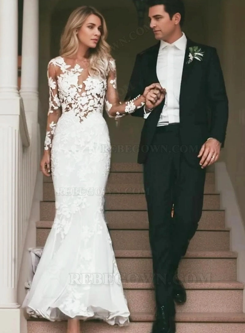 2027 Wedding Dresses Sheath Long Sleeves Floral Pattern Bridal Gowns front view