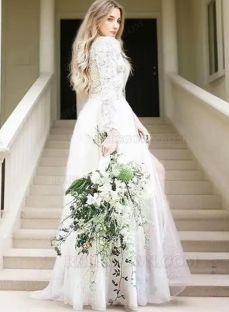 2027 Princess A-Line Wedding Dresses Long Sleeves Champagne Tulle Lace Bridal Gowns back view