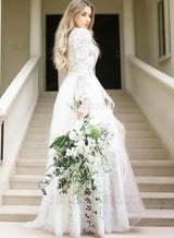 2027 Princess A-Line Wedding Dresses Long Sleeves Champagne Tulle Lace Bridal Gowns back view