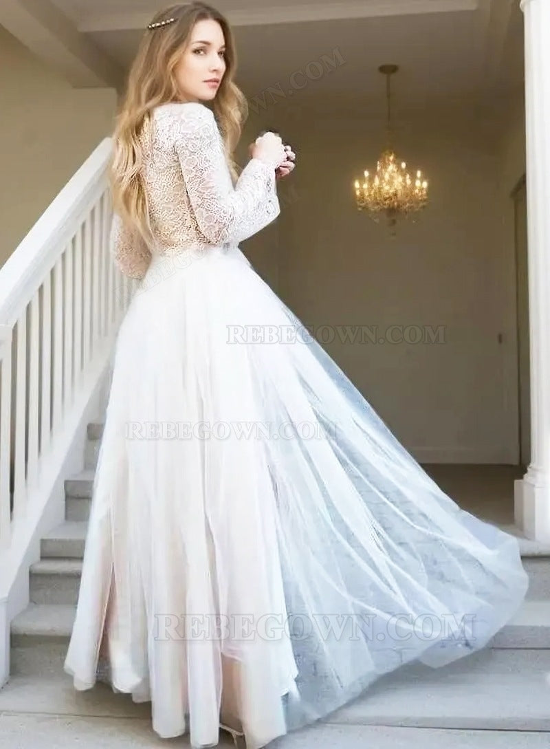 2027 Princess A-Line Wedding Dresses Long Sleeves Champagne Tulle Lace Bridal Gowns front view