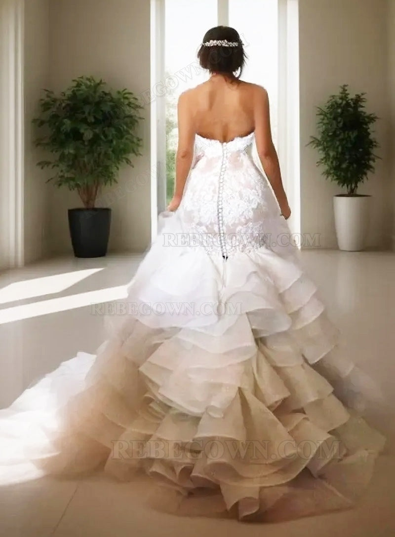 2027 Mermaid Wedding Dresses Sweetheart Organza Ruffles Appliques Pleated Bridal Gowns back view