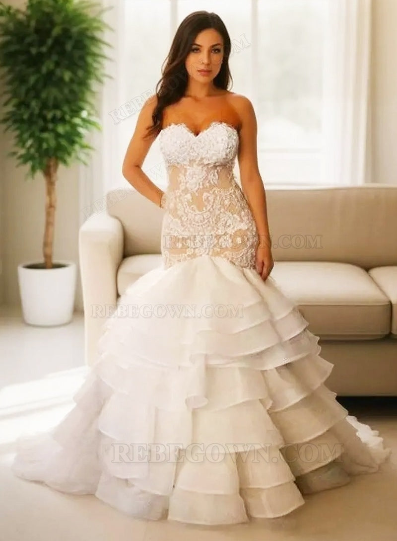 2027 Mermaid Wedding Dresses Sweetheart Organza Ruffles Appliques Pleated Bridal Gowns front view