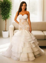 2027 Mermaid Wedding Dresses Sweetheart Organza Ruffles Appliques Pleated Bridal Gowns front view