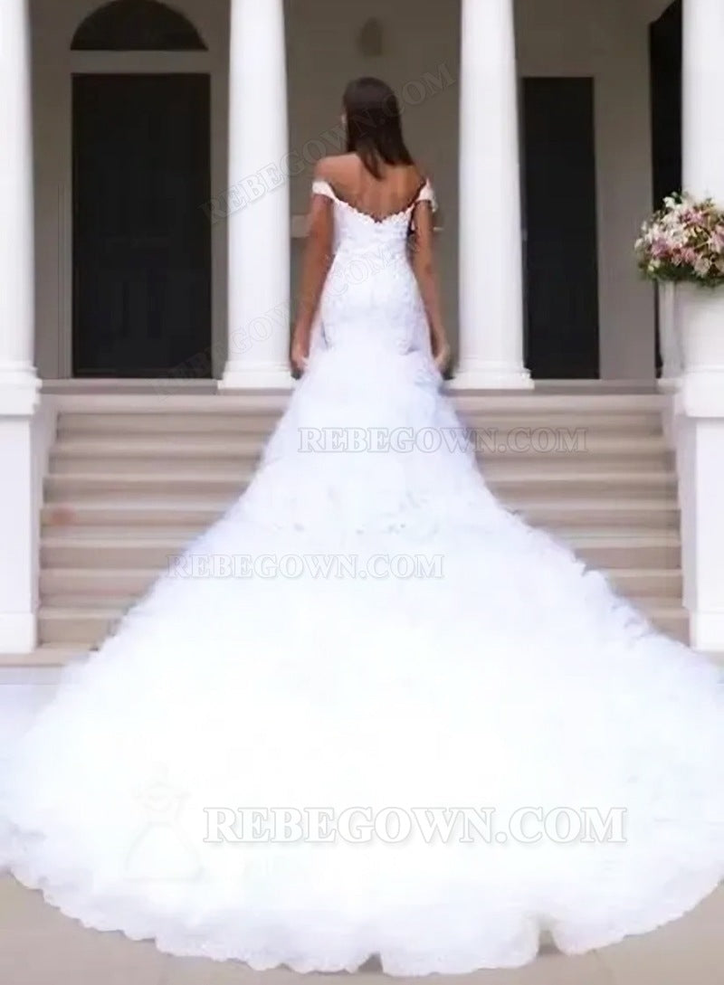 2027 Mermaid Wedding Dresses Sweetheart Off Shoulder Pleated Ruffles Layered Long Bridal Gowns back view