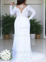 2027 Princess A-Line Wedding Dresses White Long Sleeves Sweetheart Lace Plus Size Bridal Gowns back view