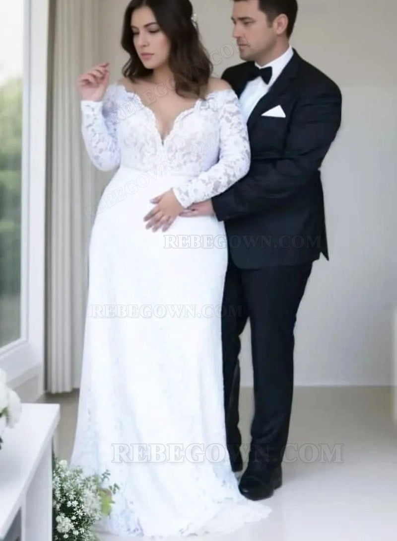 2027 Princess A-Line Wedding Dresses White Long Sleeves Sweetheart Lace Plus Size Bridal Gowns front view