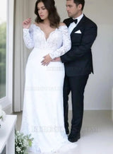 2027 Princess A-Line Wedding Dresses White Long Sleeves Sweetheart Lace Plus Size Bridal Gowns front view