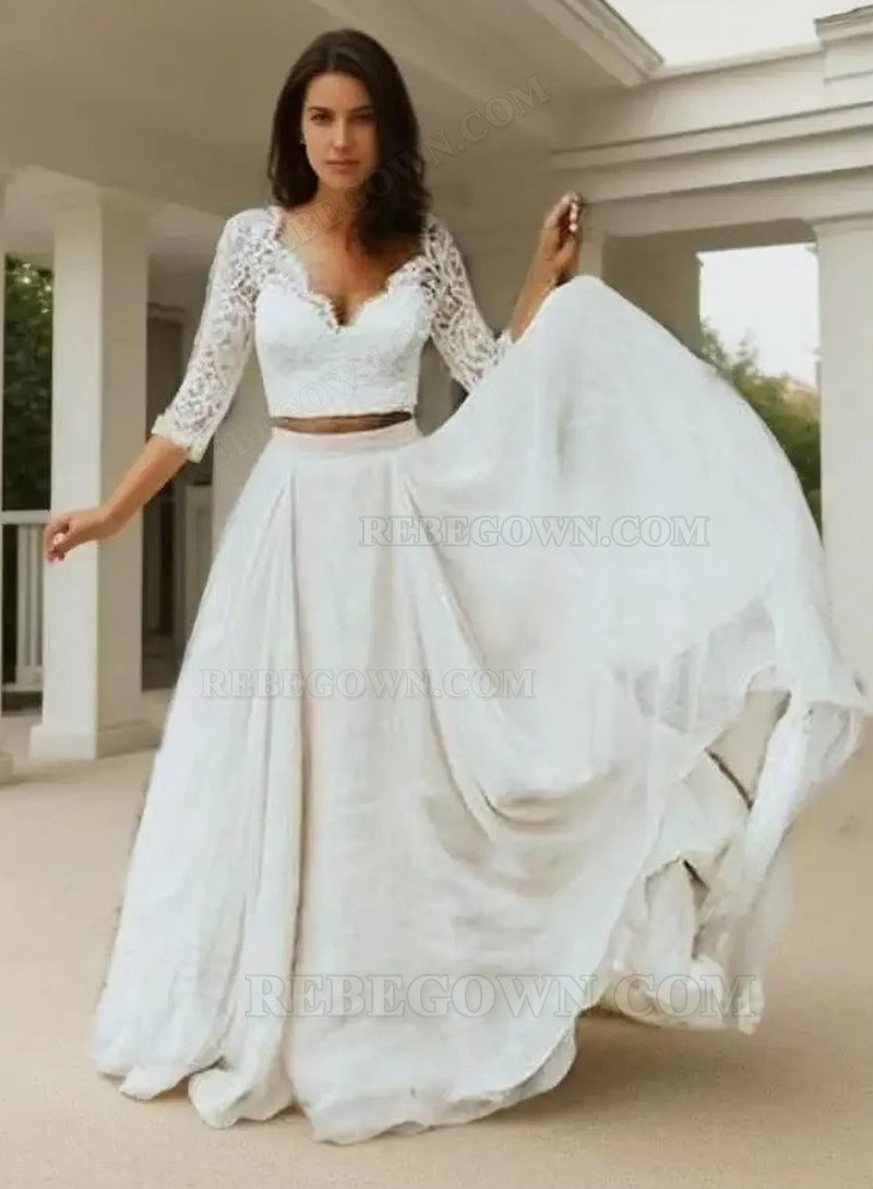 2027 Wedding Dresses Princess A-Line Chiffon Sweetheart Two Pieces Lace Beach Two Pieces Bridal Gowns front view