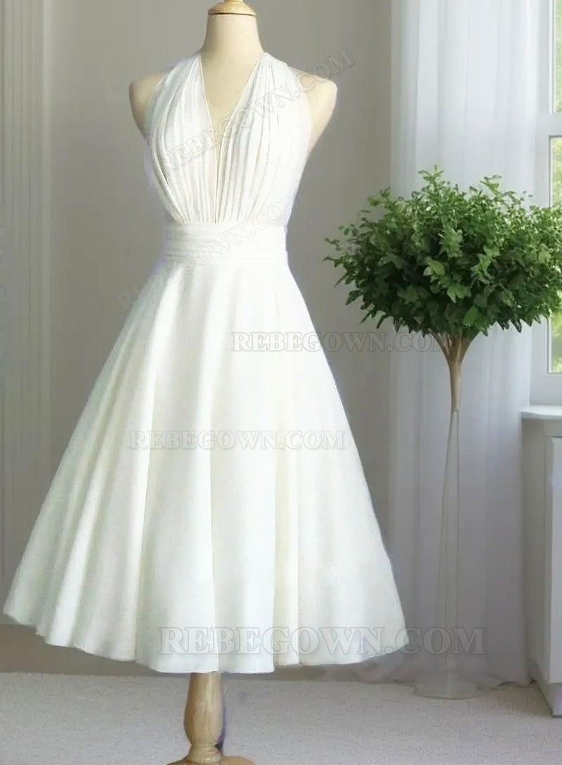 2027 Wedding Dresses Princess A-Line Chiffon Halter Backless Tea Length Short Bridal Gowns front view