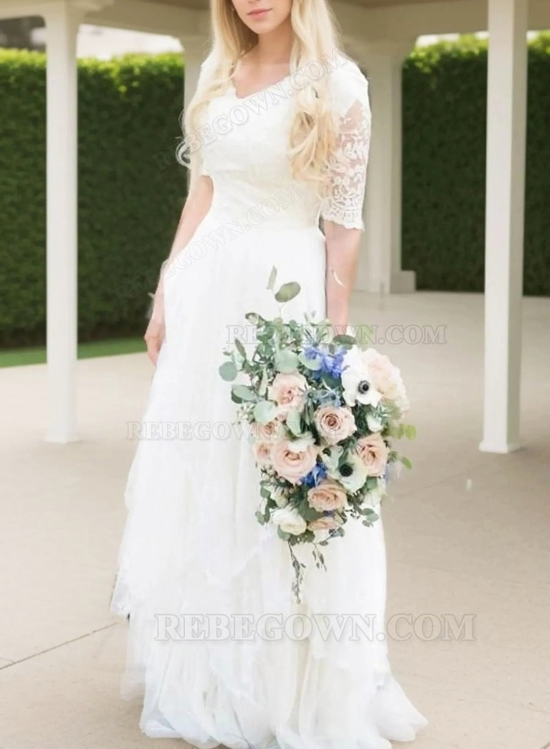 2027 Wedding Dresses Princess A-Line V-Neck Half Sleeves Lace Pleated Bridal Gowns front view