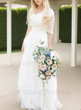 2027 Wedding Dresses Princess A-Line V-Neck Half Sleeves Lace Pleated Bridal Gowns front view