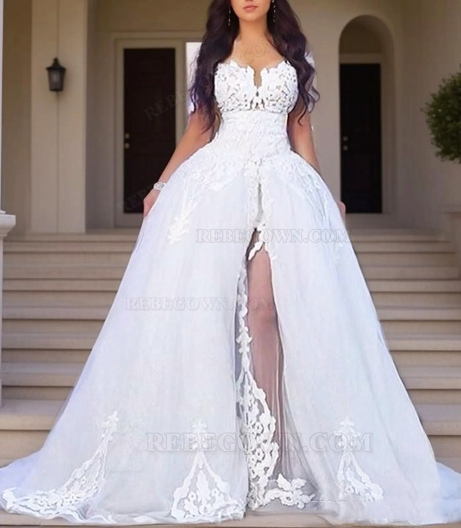 2027 Wedding Dresses White Long Sleeves Off Shoulder Side Slit Tulle With Appliques front view