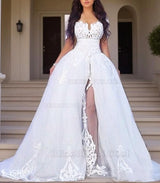 2027 Wedding Dresses White Long Sleeves Off Shoulder Side Slit Tulle With Appliques front view