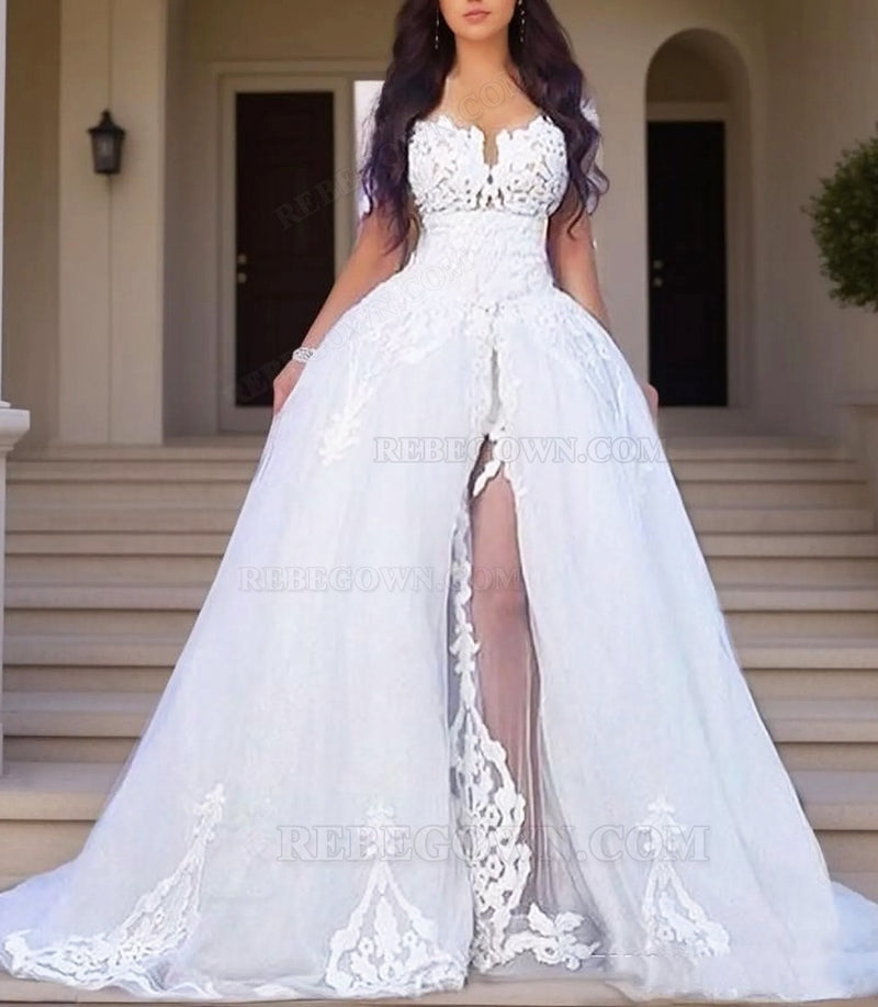 2027 Wedding Dresses White Long Sleeves Off Shoulder Side Slit Tulle With Appliques front view