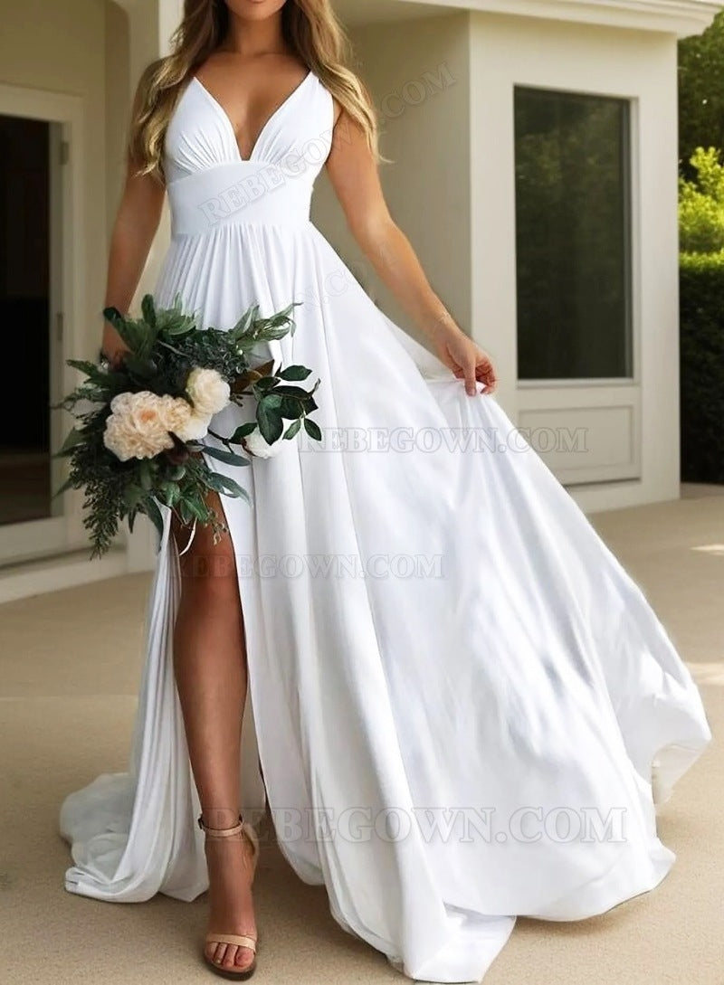 2027 Wedding Dresses A-Line White Empire Waist Sweetheart Side Slit Beach front view