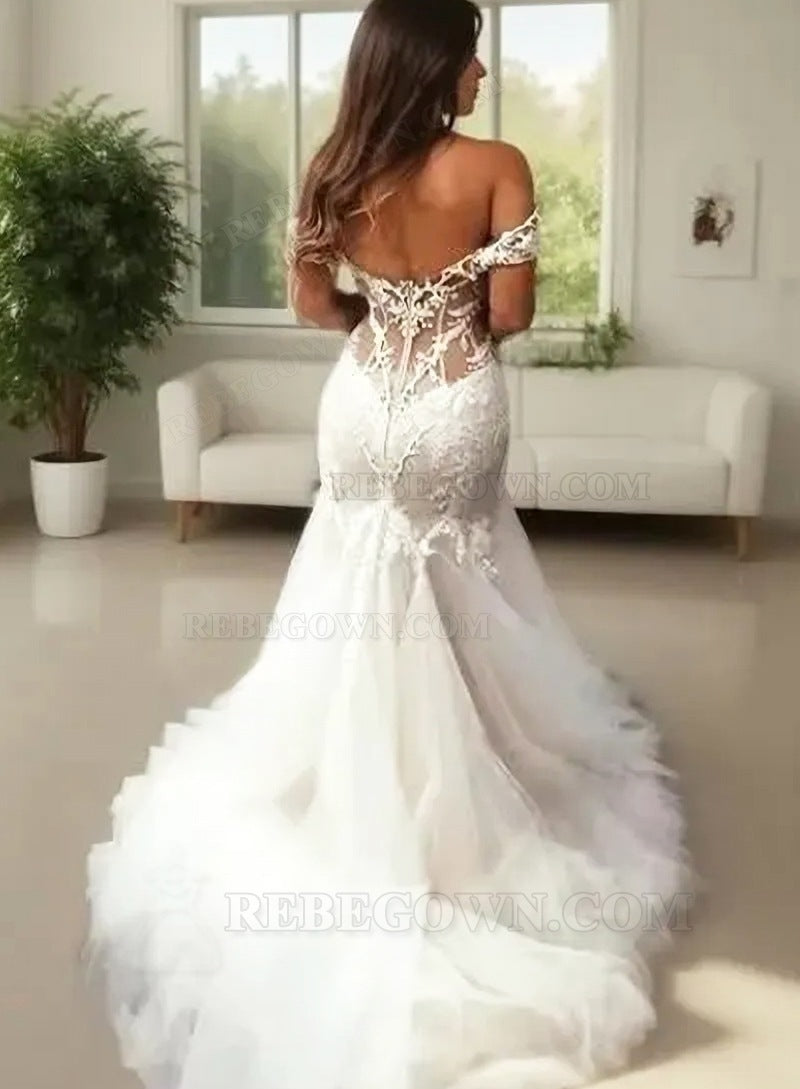 2027 Mermaid Wedding Dresses Sweetheart Lace Tulle Off Shoulder Lace Hot Sale back view