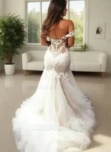 2027 Mermaid Wedding Dresses Sweetheart Lace Tulle Off Shoulder Lace Hot Sale back view