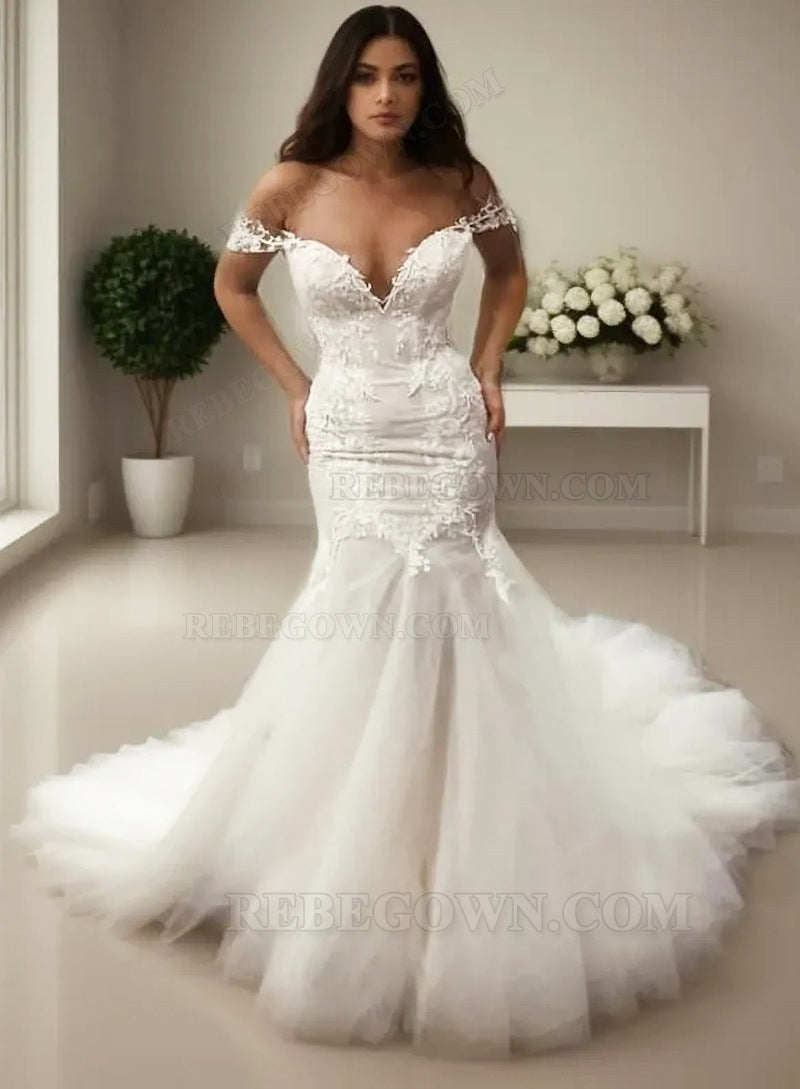 2027 Mermaid Wedding Dresses Sweetheart Lace Tulle Off Shoulder Lace Hot Sale front view
