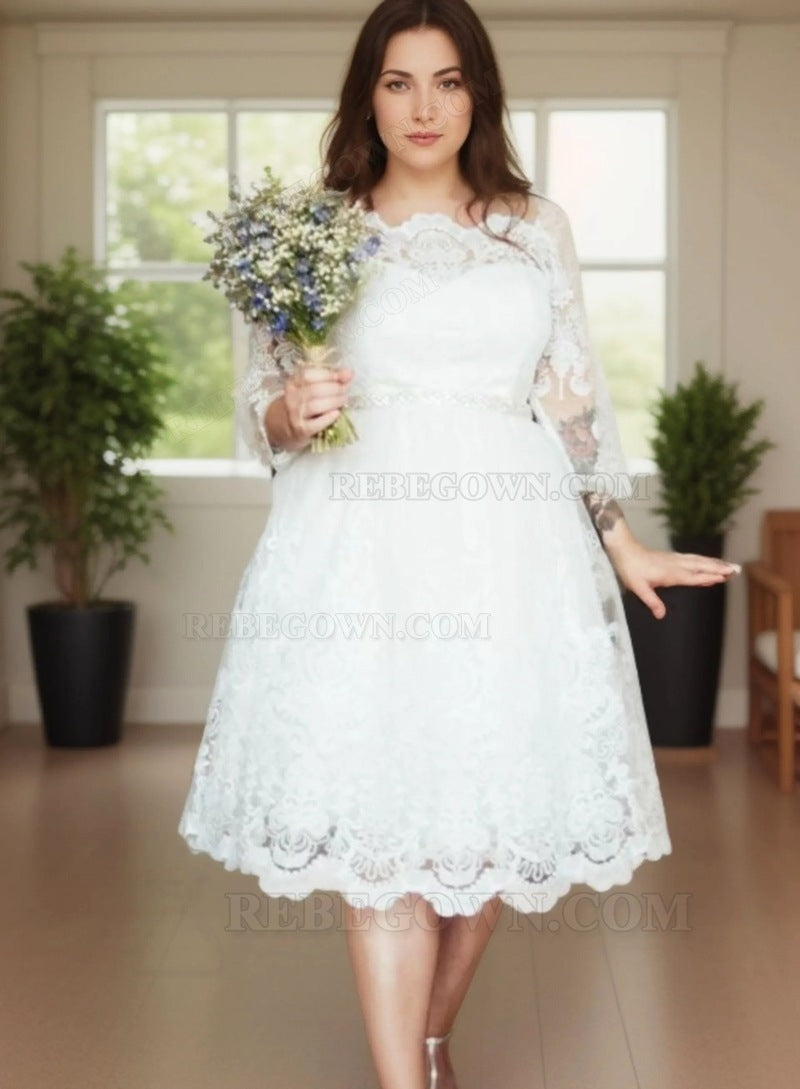 2027 A-Line Wedding Dresses Off Shoulder Long Sleeves Tea Length Short Plus Size front view