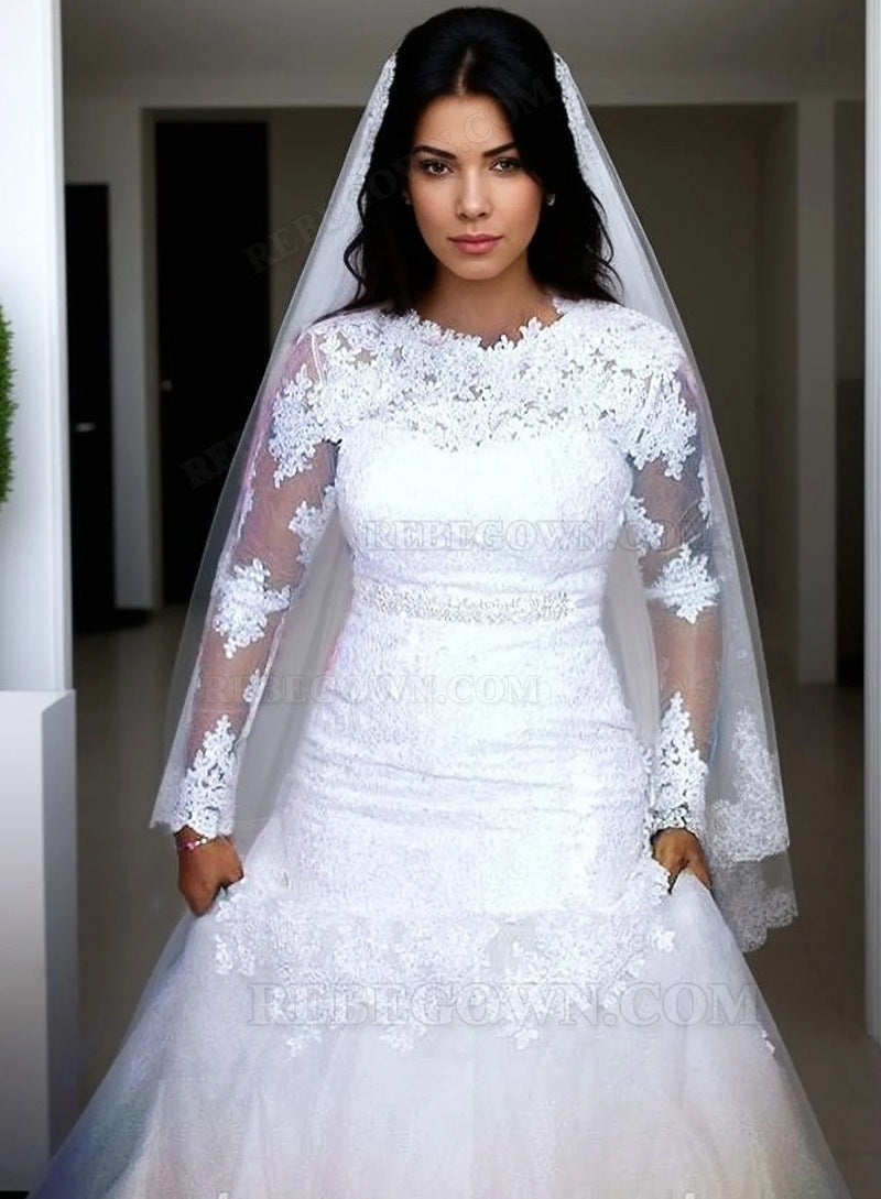 2027 Mermaid Wedding Dresses Long Sleeves Tulle Beaded Sash Bateau front view