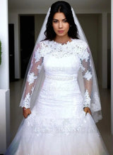 2027 Mermaid Wedding Dresses Long Sleeves Tulle Beaded Sash Bateau front view