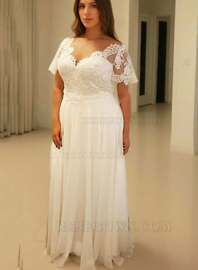 2027 A-Line Wedding Dresses Chiffon Off Shoulder Capped Sleeves Lace Plus Size front view