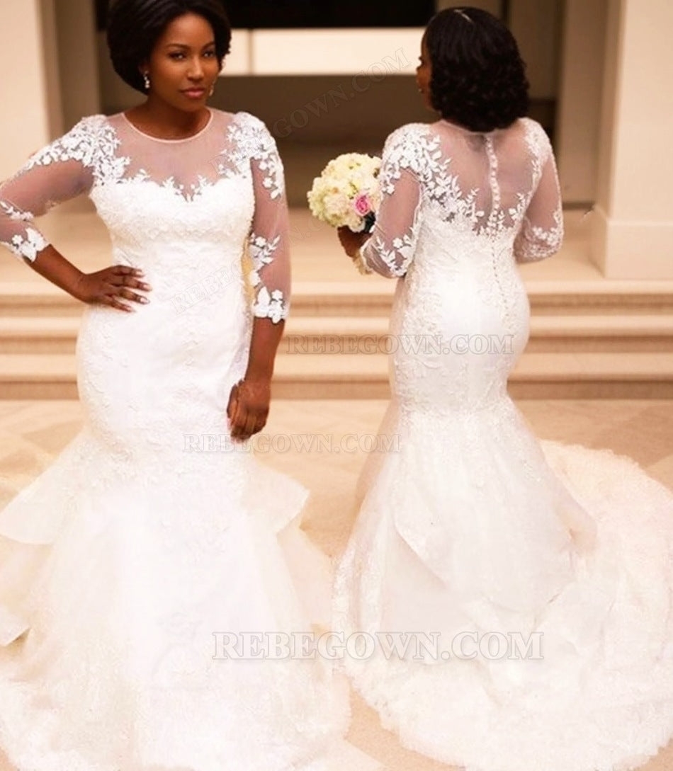 2027 Wedding Dresses Mermaid Long Sleeves Layered Scoop Lace South African front view