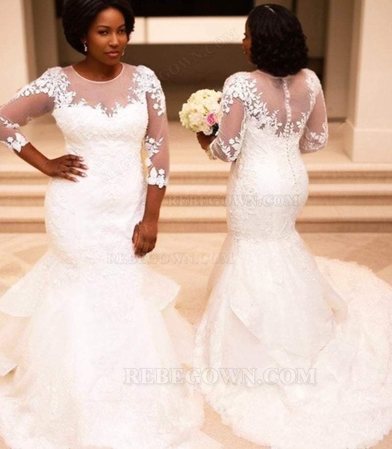 2027 Wedding Dresses Mermaid Long Sleeves Layered Scoop Lace South African front view