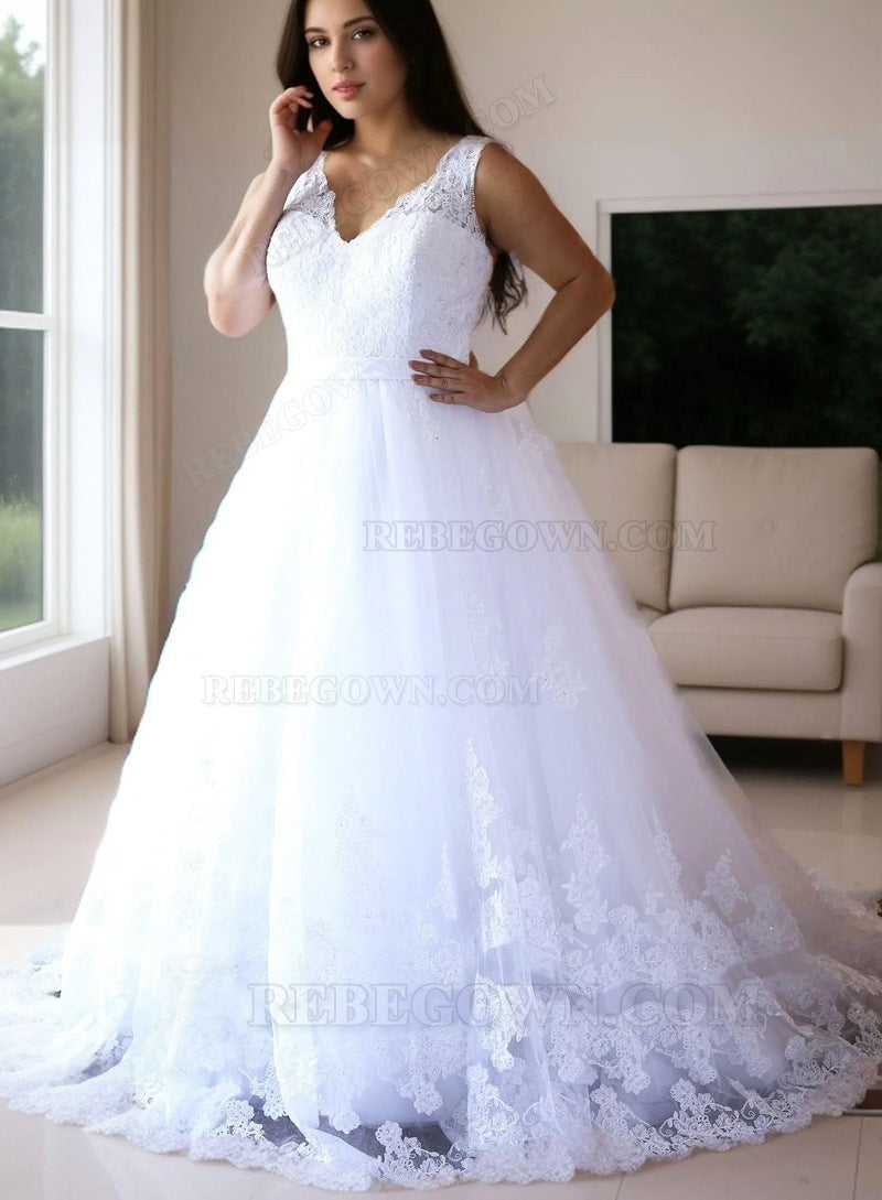 2027 Wedding Dresses White V-Neck Ball Gown Lace Plus Size front view