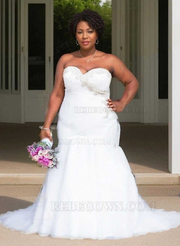 2027 Mermaid Wedding Dresses Sweetheart Organza Beaded Pleated Plus Size front view