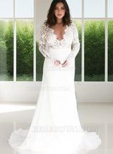 2027 Sheath Column Wedding Dresses Long Sleeves Open Front Lace Beach front view