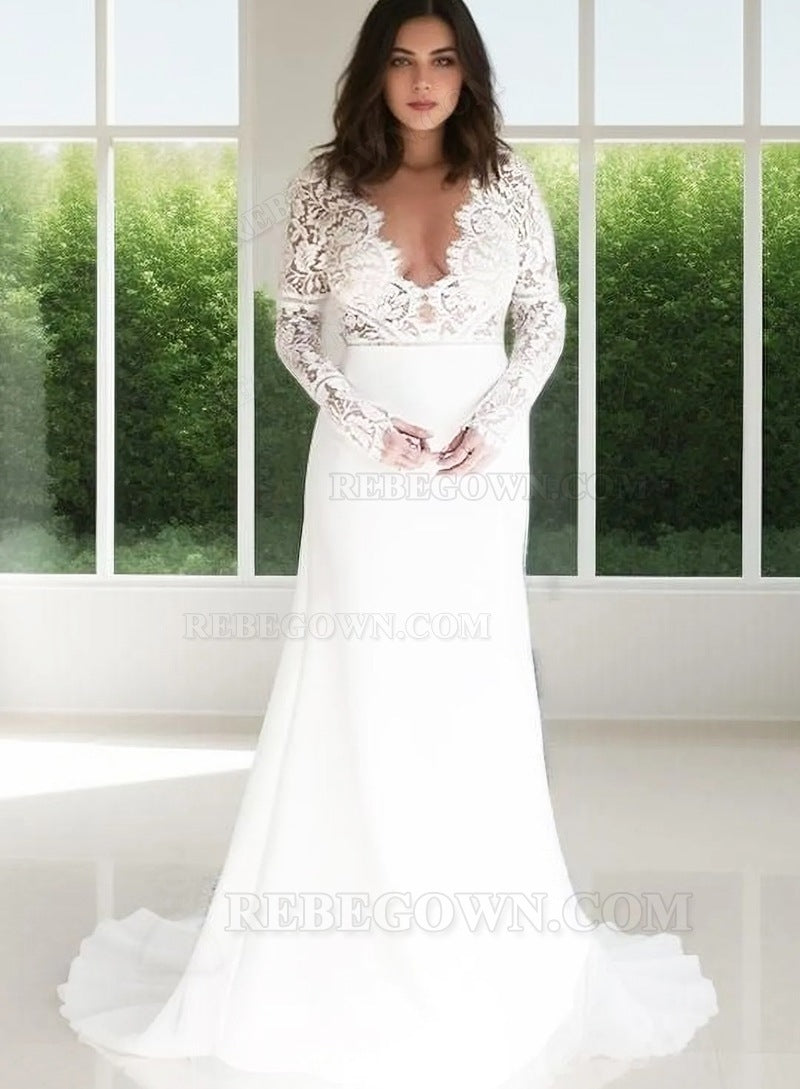 2027 Sheath Column Wedding Dresses Long Sleeves Open Front Lace Beach front view