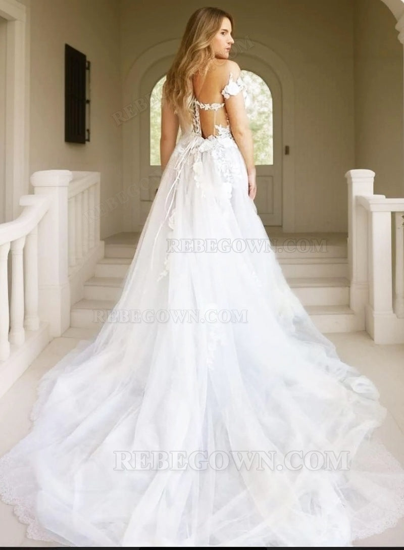 2027 A-Line Wedding Dresses Off Shoulder Tulle Sweetheart Lace Beach back view