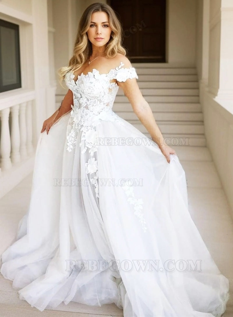 2027 A-Line Wedding Dresses Off Shoulder Tulle Sweetheart Lace Beach front view