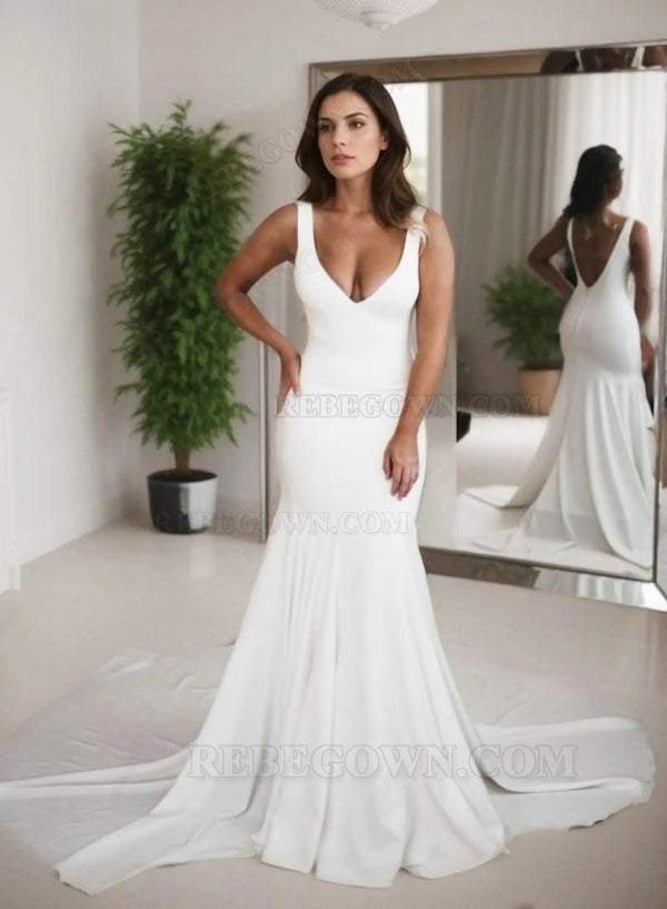 2027 Mermaid Wedding Dresses Satin V-Neck Backless Long Train front view