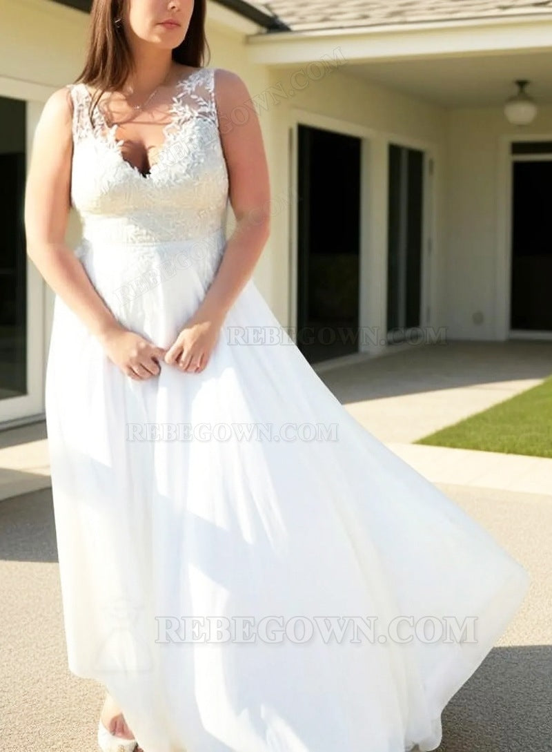2027 A-Line Wedding Dresses Chiffon V-Neck Plus Size Lace Beach front view