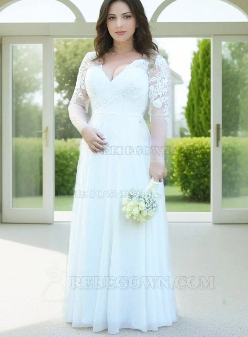 2027 Wedding Dresses A-Line Floor Length Long Sleeves Lace V-Neck Plus Size front view