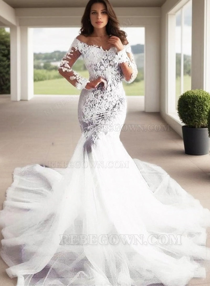 2027 Mermaid Wedding Dresses Long Sleeves Off Shoulder Lace Tulle Long front view