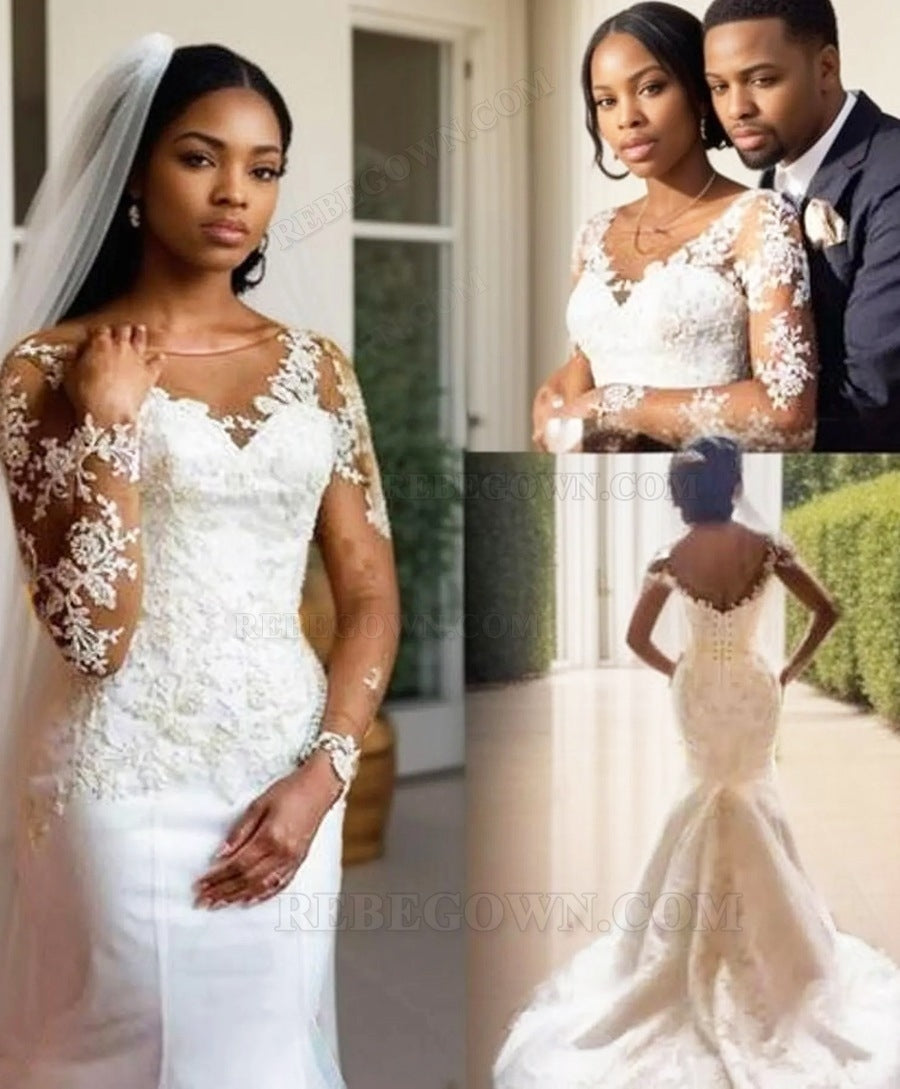 2027 Wedding Dresses Mermaid Long Sleeves Scoop Long With Appliques front view