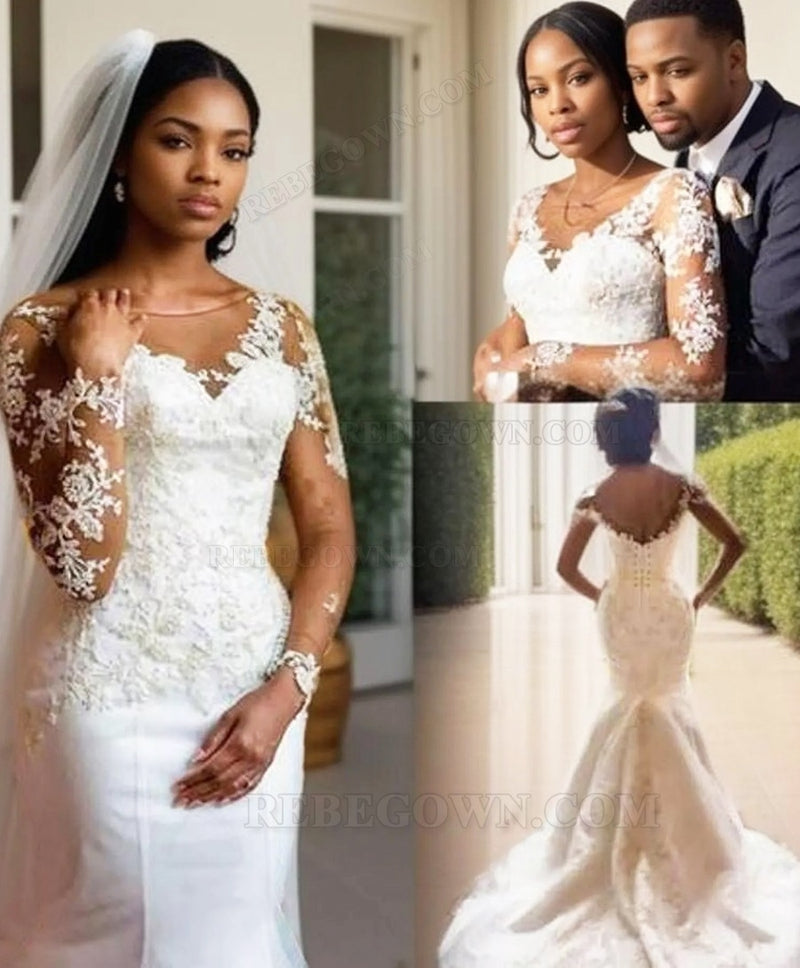 2027 Wedding Dresses Mermaid Long Sleeves Scoop Long With Appliques front view