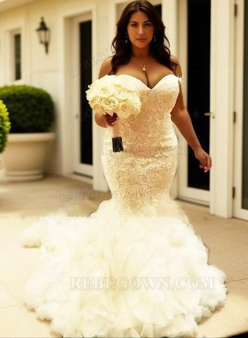 2027 Wedding Dresses Mermaid Sweetheart Lace Ruffles Long Plus Size  front view
