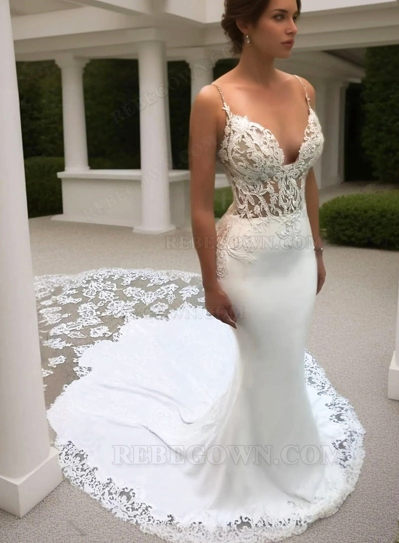 2027 Wedding Dresses Mermaid Sweetheart Spaghetti Straps Lace front view