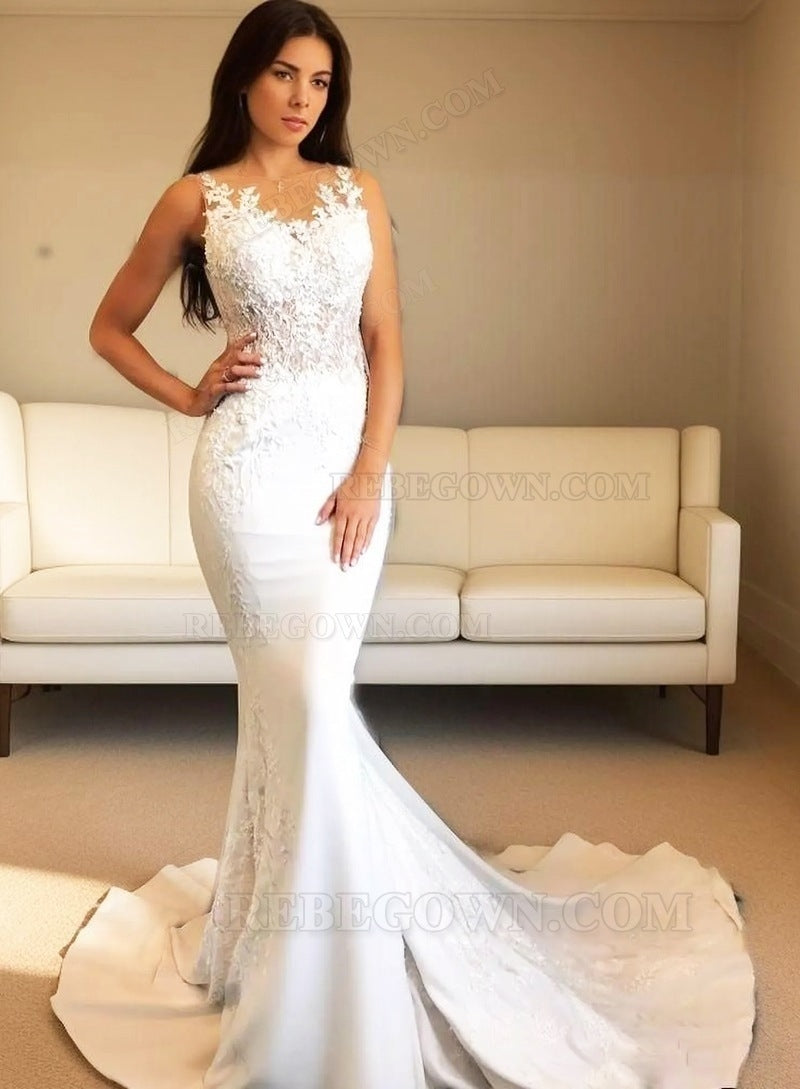 2027 Mermaid Wedding Dresses Satin Long Train Lace Beach front view