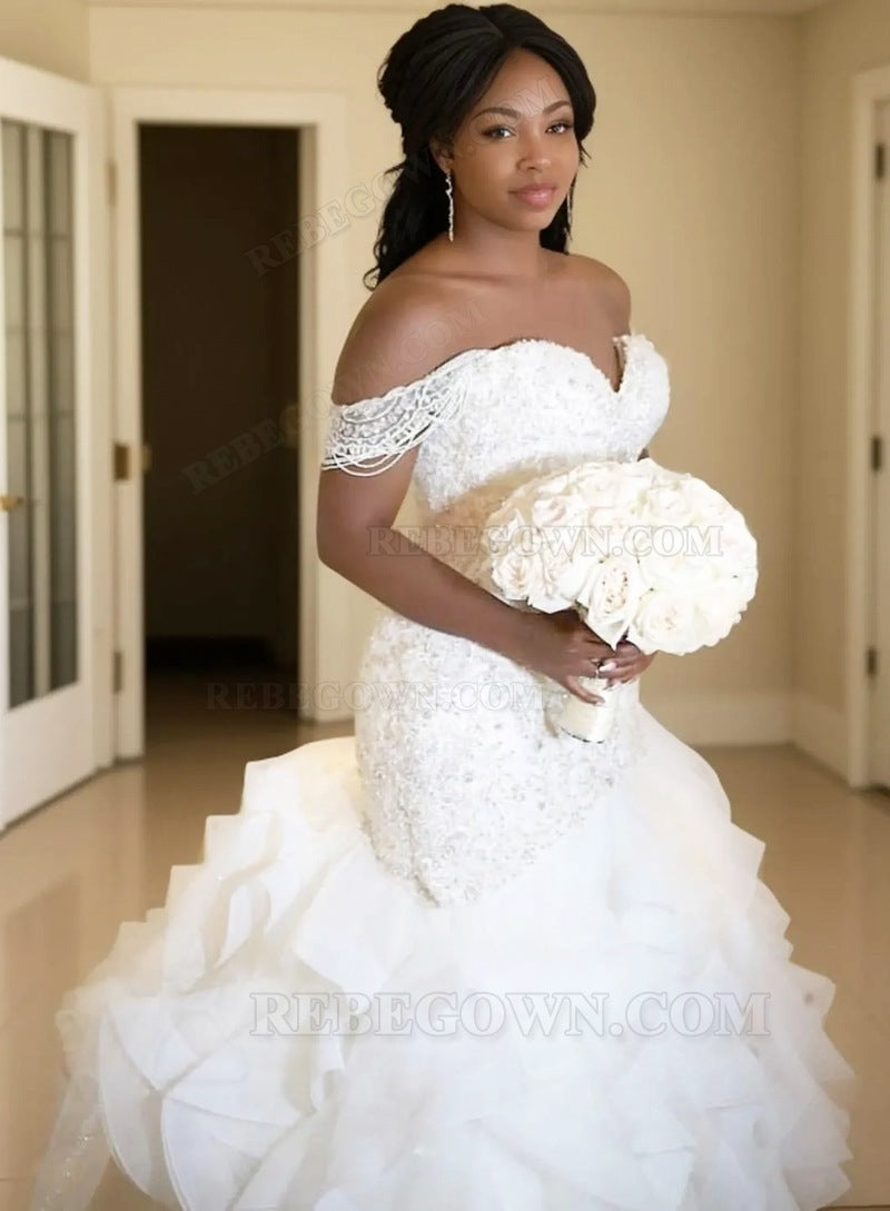 2027 Wedding Dresses Mermaid Off Shoulder Sweetheart Beaded Layered Beaded Long front view