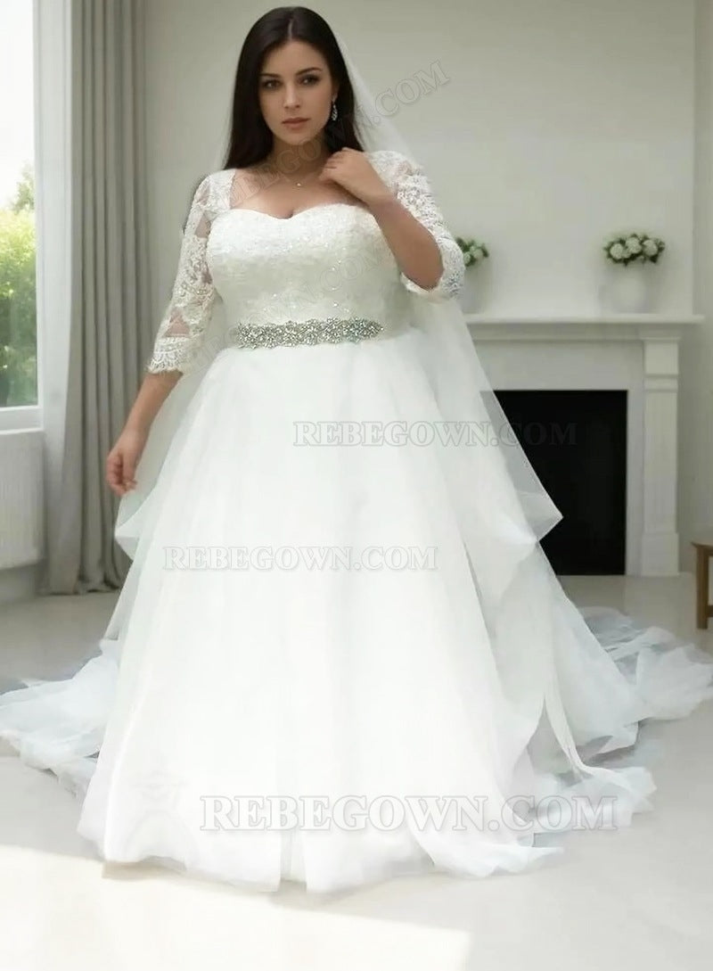 2027 Wedding Dresses Long Sleeves Organza Sweetheart Beaded Plus Size Ball Gown front view