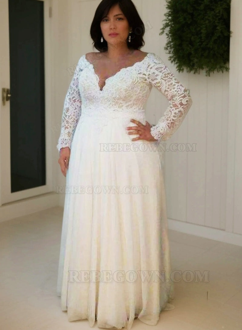 2027 A-Line Wedding Dresses Chiffon Long Sleeves Off Shoulder Lace Plus Size back view