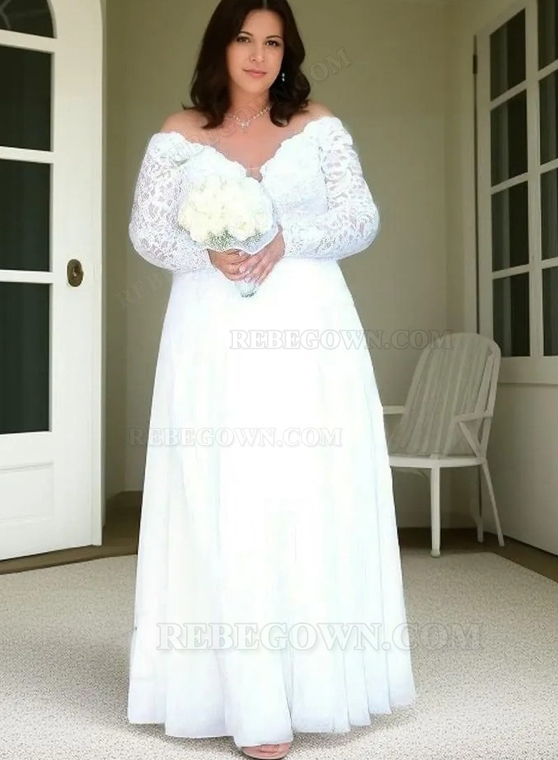 2027 A-Line Wedding Dresses Chiffon Long Sleeves Off Shoulder Lace Plus Size front view
