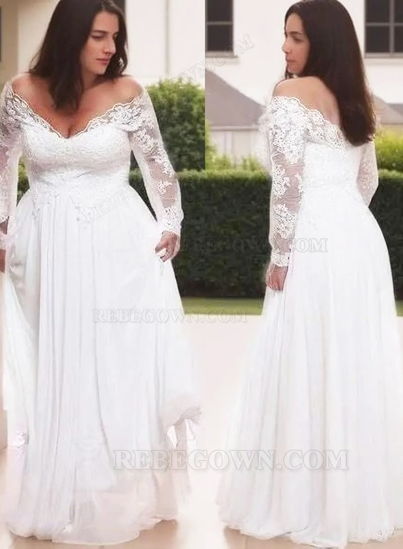 2027 A-Line Wedding Dresses Chiffon Off Shoulder Long Sleeves lace Plus Size front view